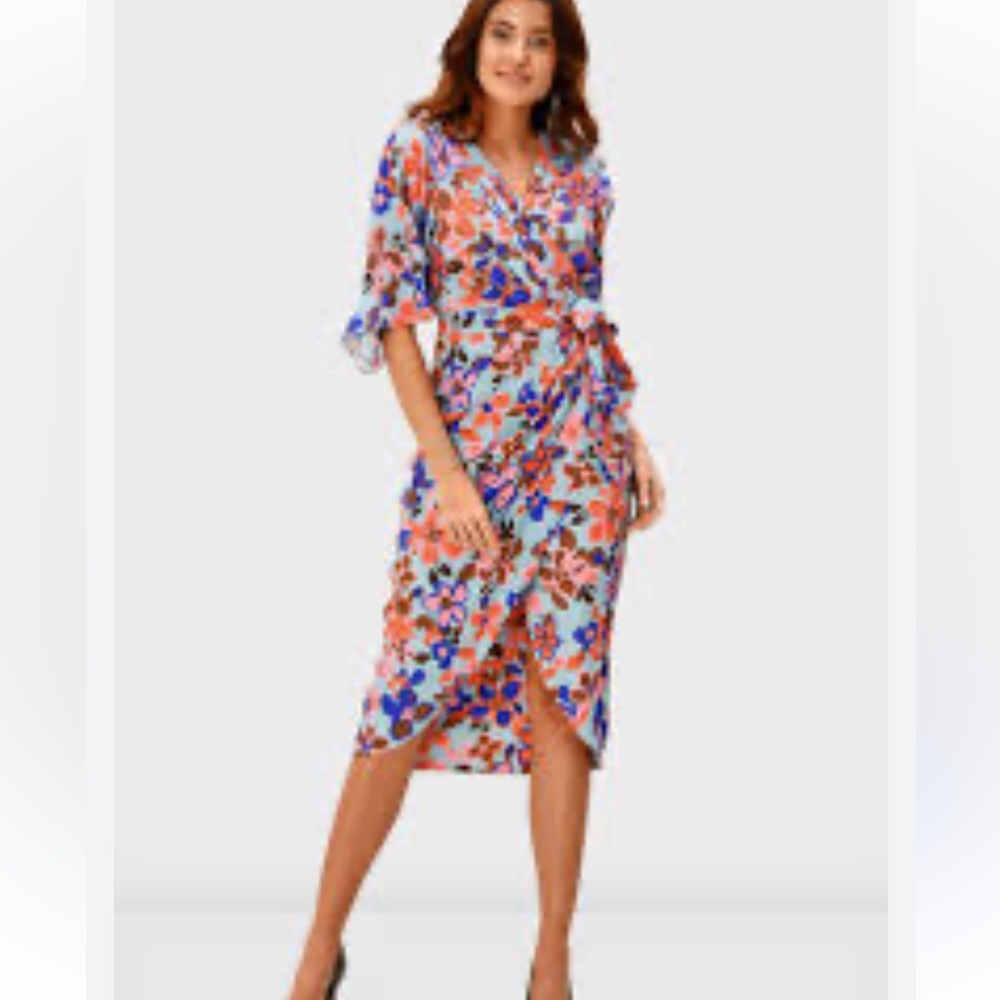 Wayward Fancies eShakti Floral Dress Wrap Midi Dress with Flutter Sleevese